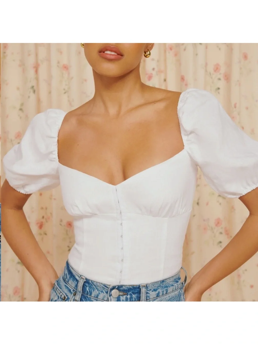 Reformation White Sweetheart Corset Puff-Sleeve Top
